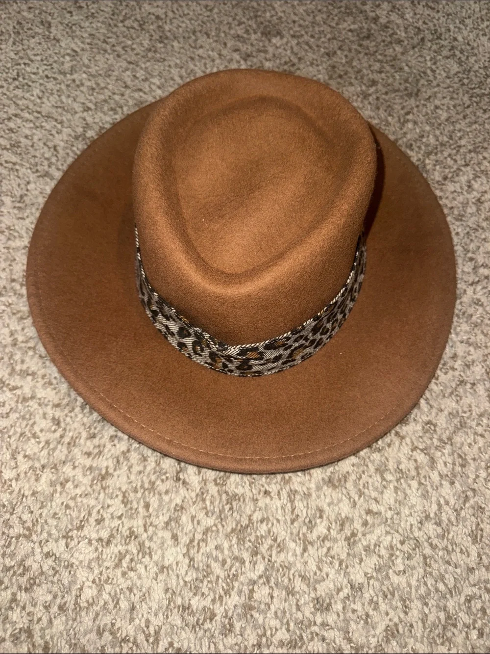 ADORA Tan Felt Fedora with Leopard Print Band